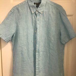 Michael Kors Men's Light Blue 100% Linen Short Sleeve Button Down Shirt, Size L